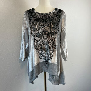 Whimsigoth‎ One World Top Womens 1X Grey Velvet Rhinestone Boho Flowy Y2K Fairy